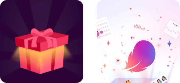 Two tiles from the Flo asset library: a gift box and a feather illustration.