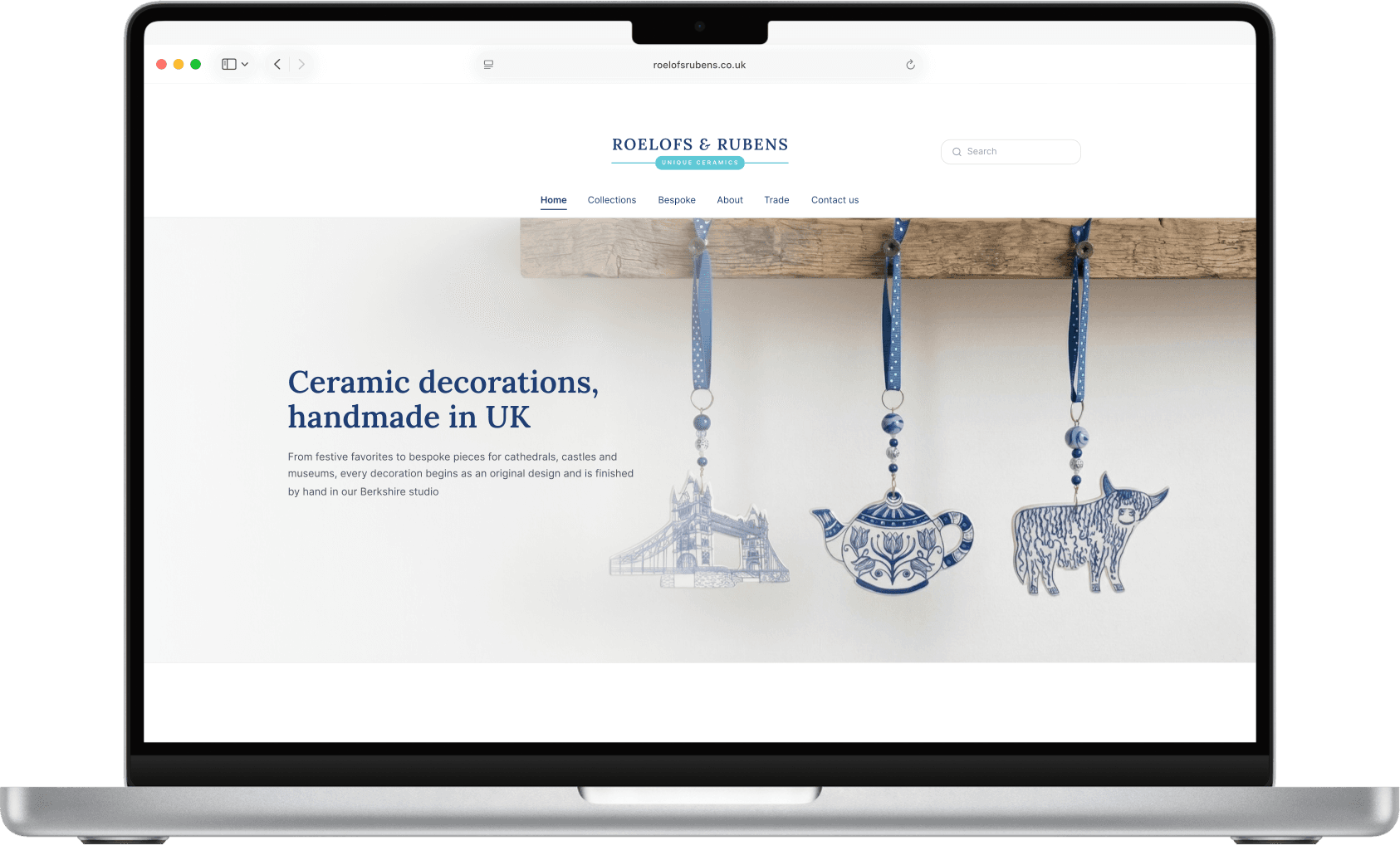The Roelofs & Rubens storefront: handmade ceramic decorations, made in the UK.
