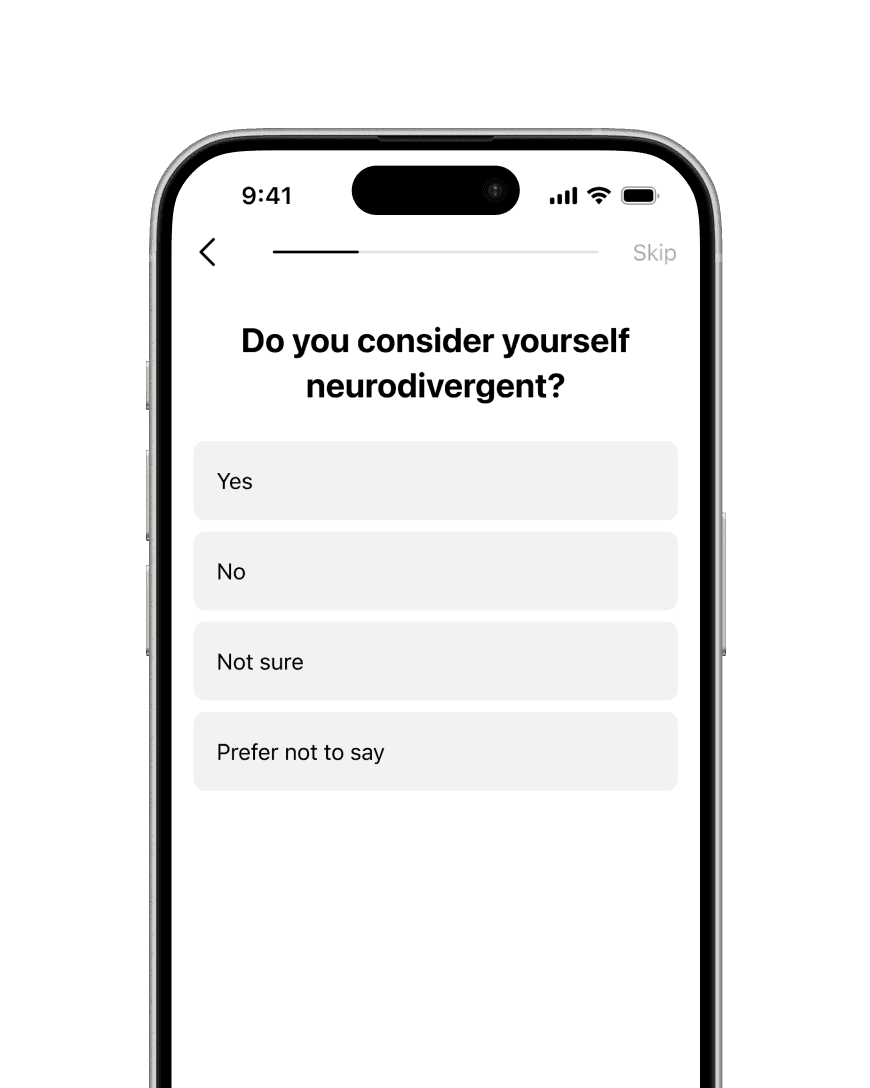 A Flo onboarding question asking “Do you consider yourself neurodivergent?”, with the options Yes, No, Not sure, and Prefer not to say.