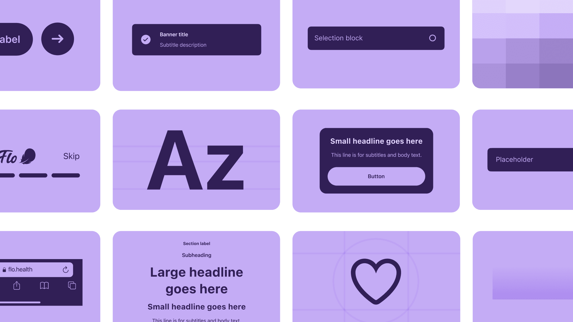 A grid of Flo’s published design-system components in purple — a banner, a selection block, the type ramp, a headline-and-button block, browser chrome, an icon on its construction grid — the same parts the plugin assembles screens from.