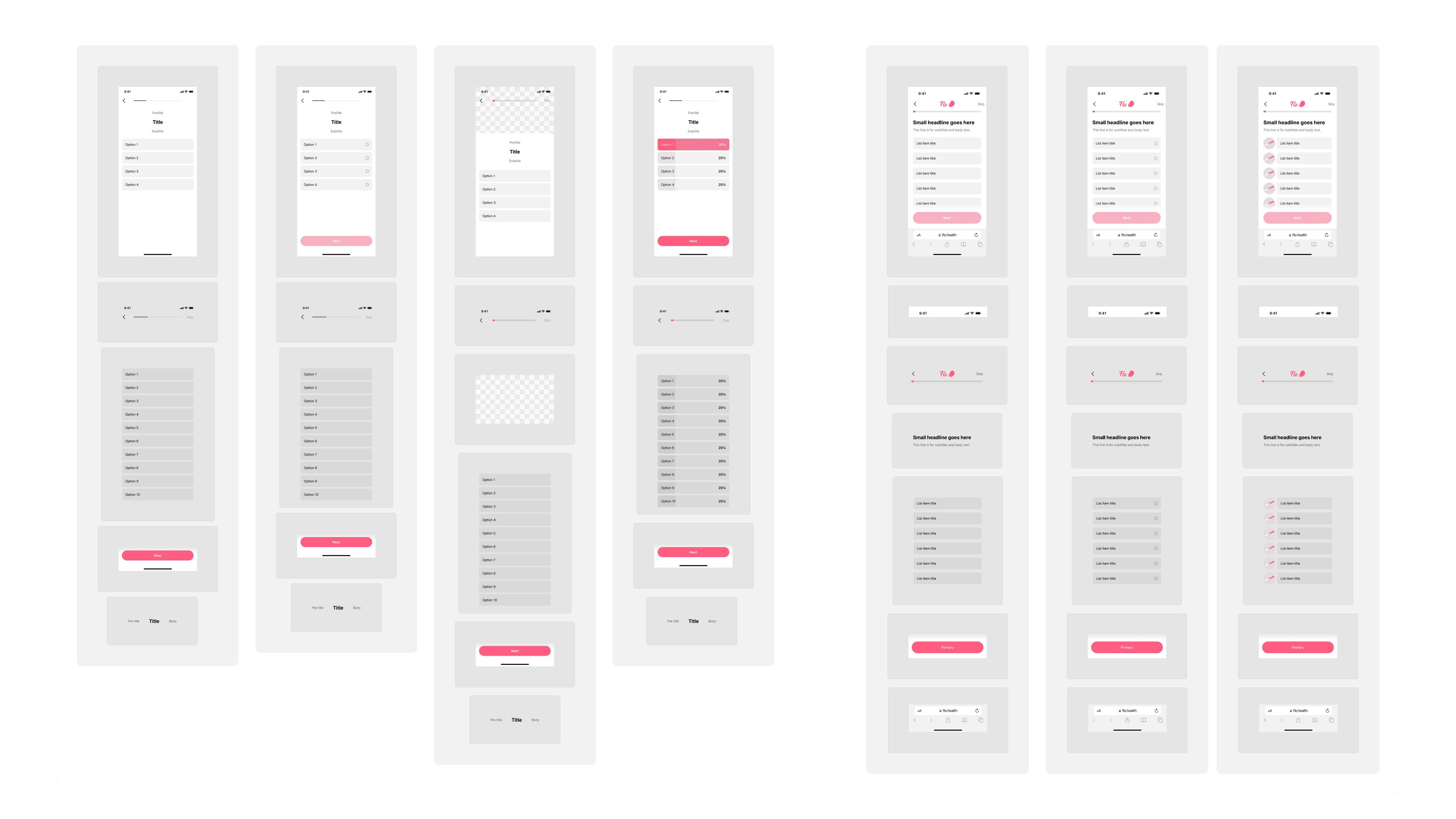 Seven Flo screens broken into their parts — APP screens on the left, WEBAPP on the right — each one exploded into its status bar, header, option list, primary button and title block.